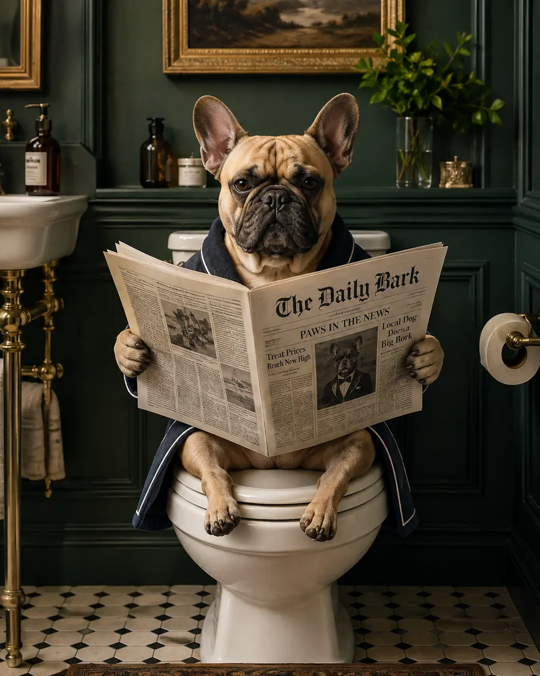French Bulldog in a robe sits on a toilet reading “The Daily Bark” newspaper in a stylish, dark green vintage bathroom.