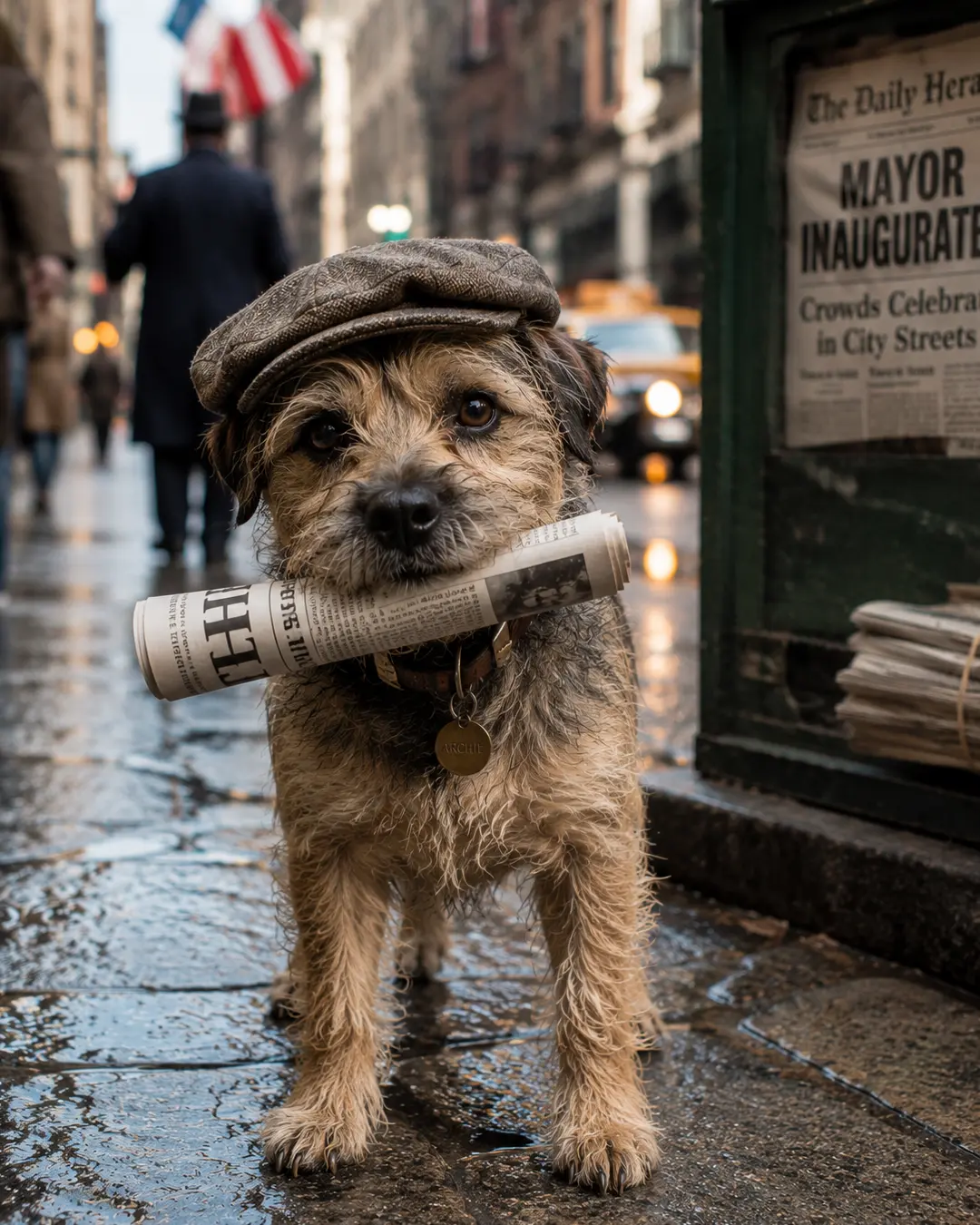 A scruffy terrier in a tweed newsboy cap carries a rolled newspaper along a rain-soaked city street.