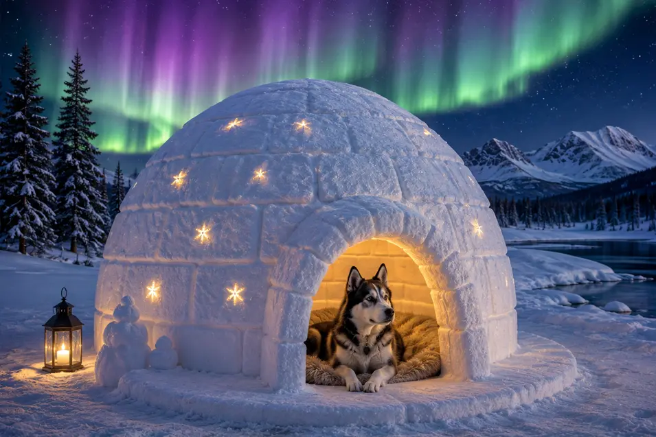 A Husky rests inside a warmly lit snow igloo beneath colorful northern lights, surrounded by snowy mountains, pines, and a frozen lake.