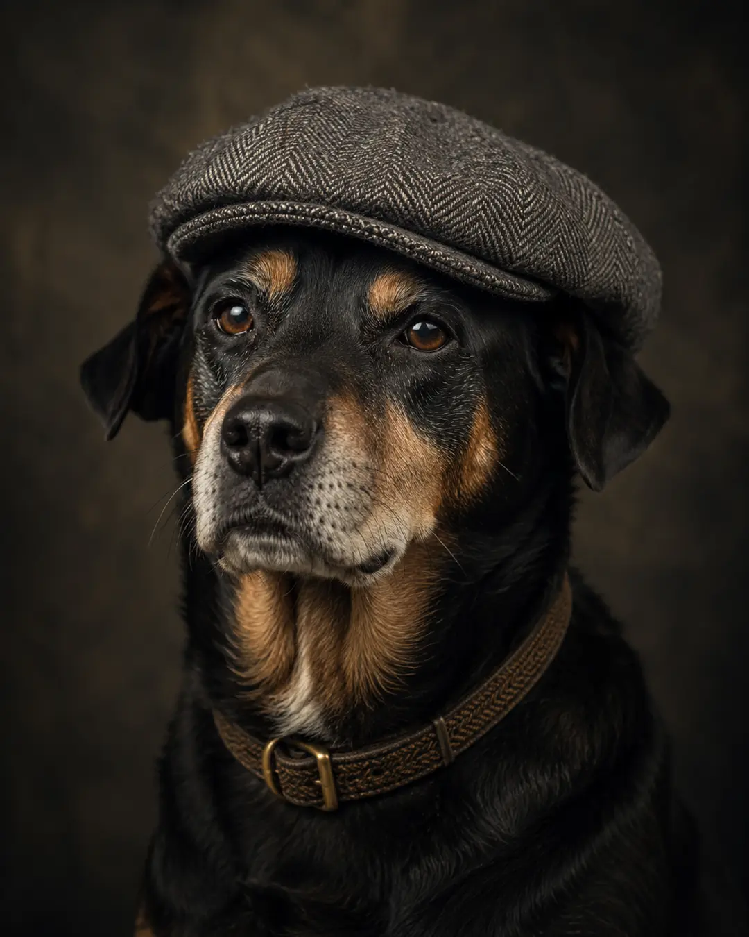 A black-and-tan dog wears a classic tweed flat cap and leather collar, posing for a dignified vintage-style portrait.
