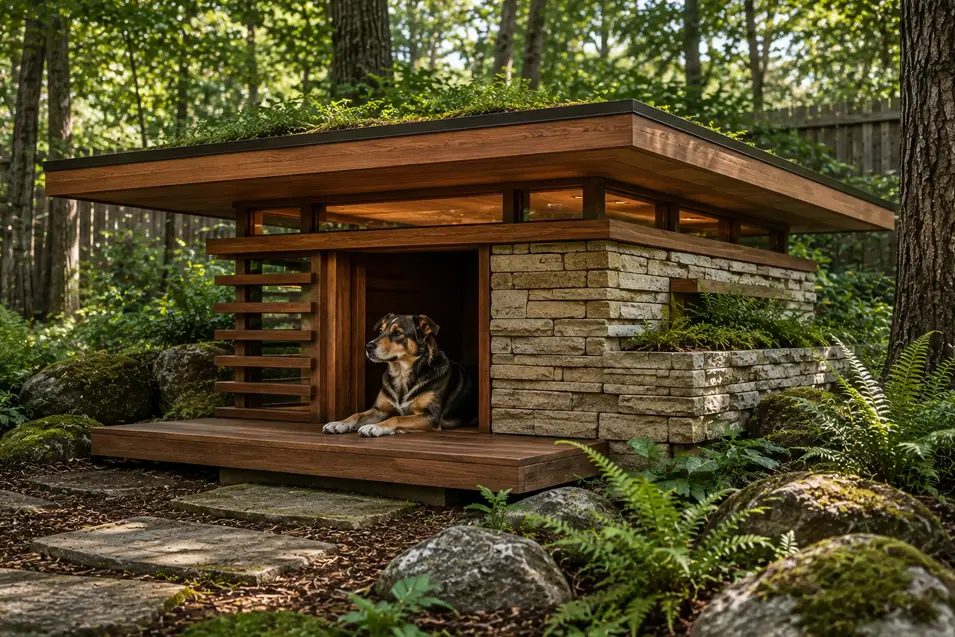 Modern wood-and-stone doghouse with a green roof, raised porch, and planter, nestled among ferns and trees with a dog relaxing outside.