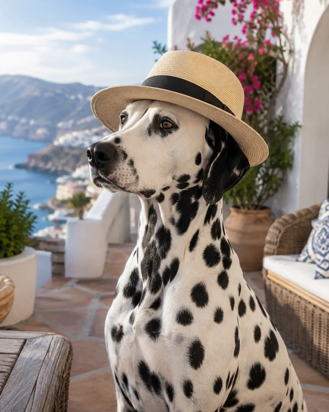 A stylish Dalmatian wears a straw Panama hat while posing on a sunlit Mediterranean terrace overlooking the sparkling blue sea.