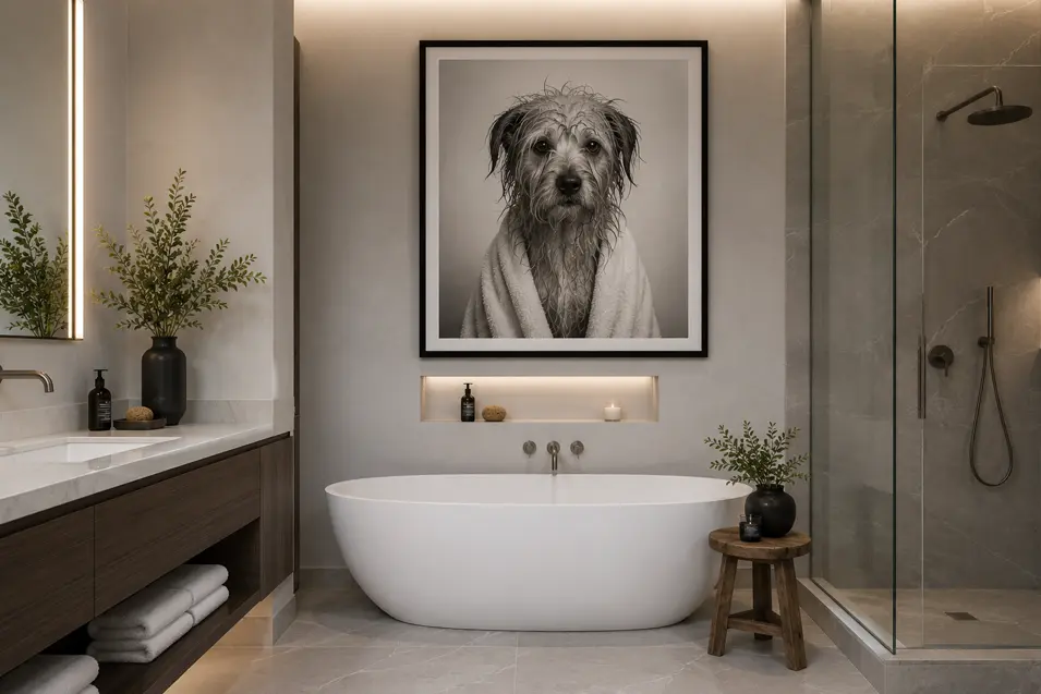 Sophisticated modern bathroom with warm lighting, a freestanding tub, marble shower, dark wood vanity, and humorous wet-dog portrait.