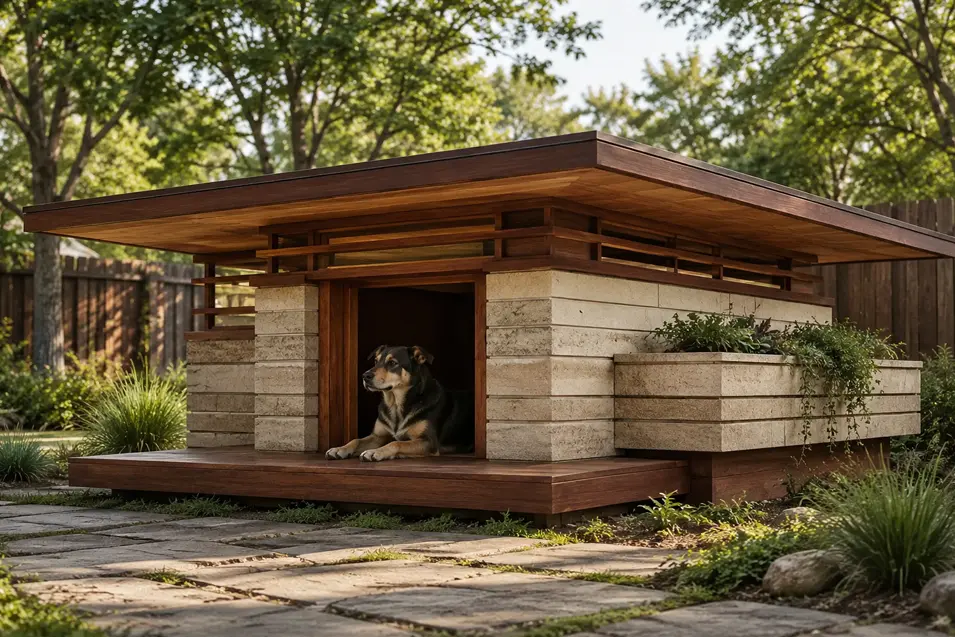 Modern wood-and-stone doghouse with a wide flat roof, raised porch, planter, and a relaxed dog lounging in a lush backyard.