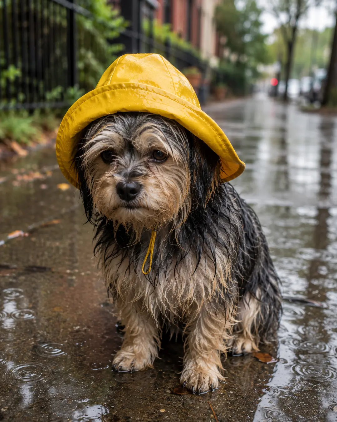 A soggy little dog in a bright yellow rain hat stands on a puddled city sidewalk during a rainy day.