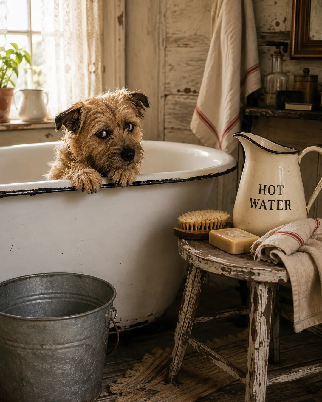 A scruffy terrier peeks from a vintage enamel bathtub, surrounded by old-fashioned soap, brushes, towels, and a hot-water pitcher.