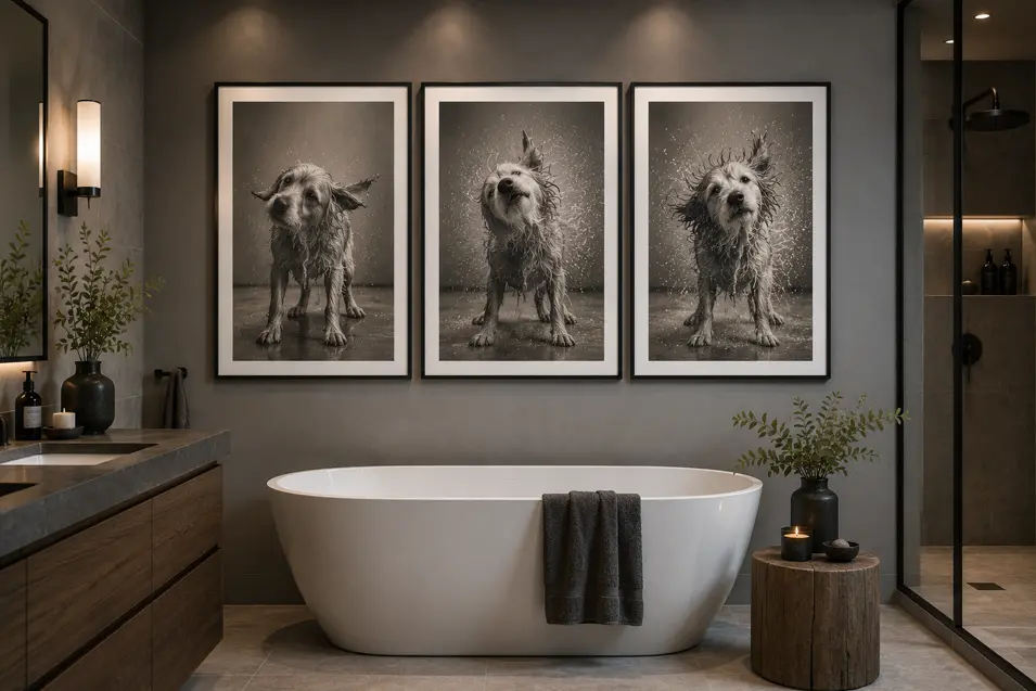 Modern spa-like bathroom with a freestanding tub, warm wood vanity, dark finishes, and a playful triptych of a wet dog shaking off water.