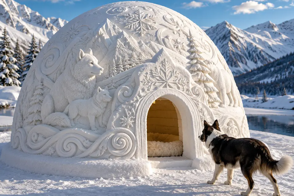 A Border Collie approaches an ornate snow igloo carved with wolves, pine trees, mountains, snowflakes, and swirling winter designs.