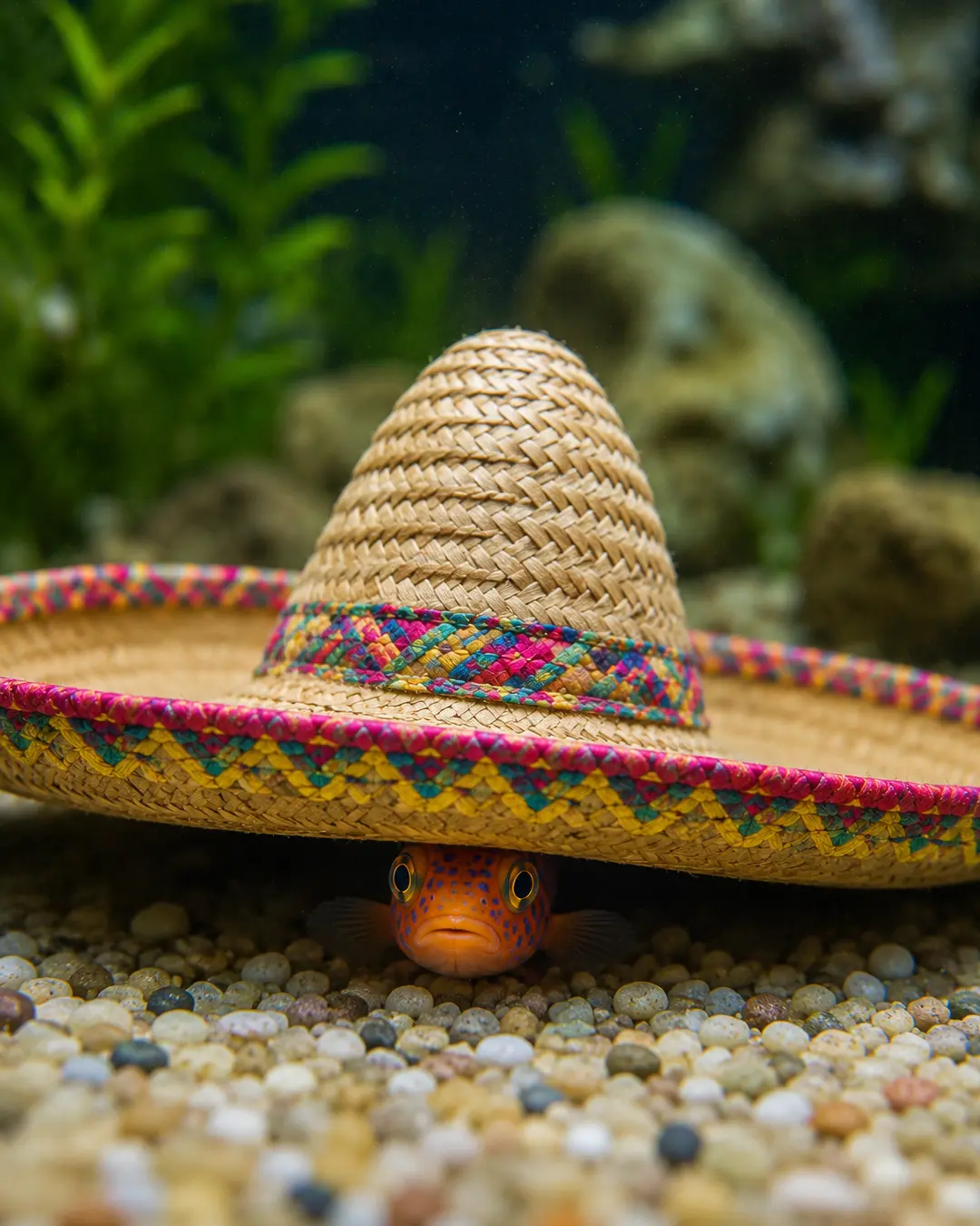 A colorful spotted fish peeks from beneath an oversized woven sombrero decorated with bright multicolored trim.