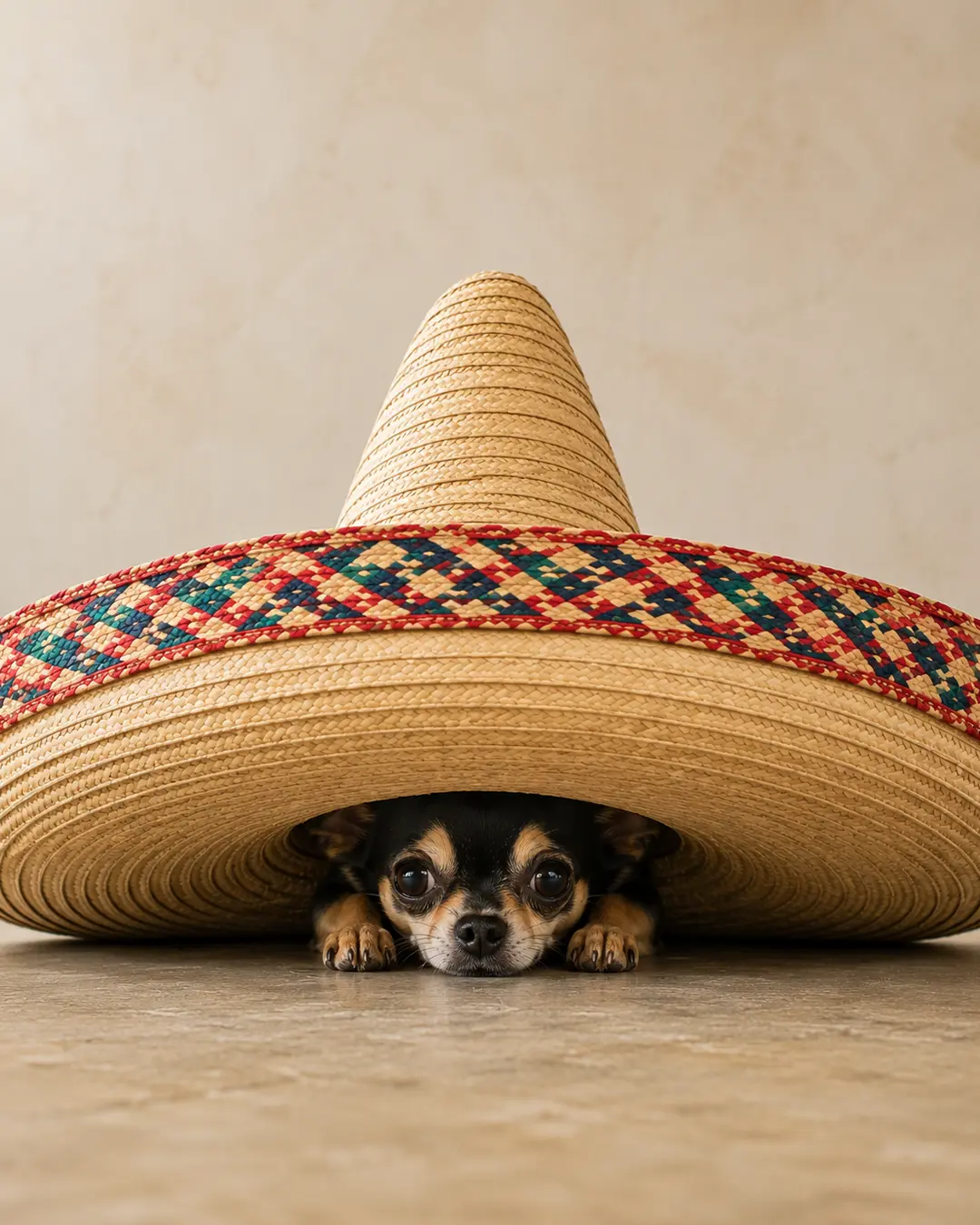 A tiny Chihuahua peeks from beneath an enormous traditional sombrero, creating a playful portrait with an irresistible sense of scale.