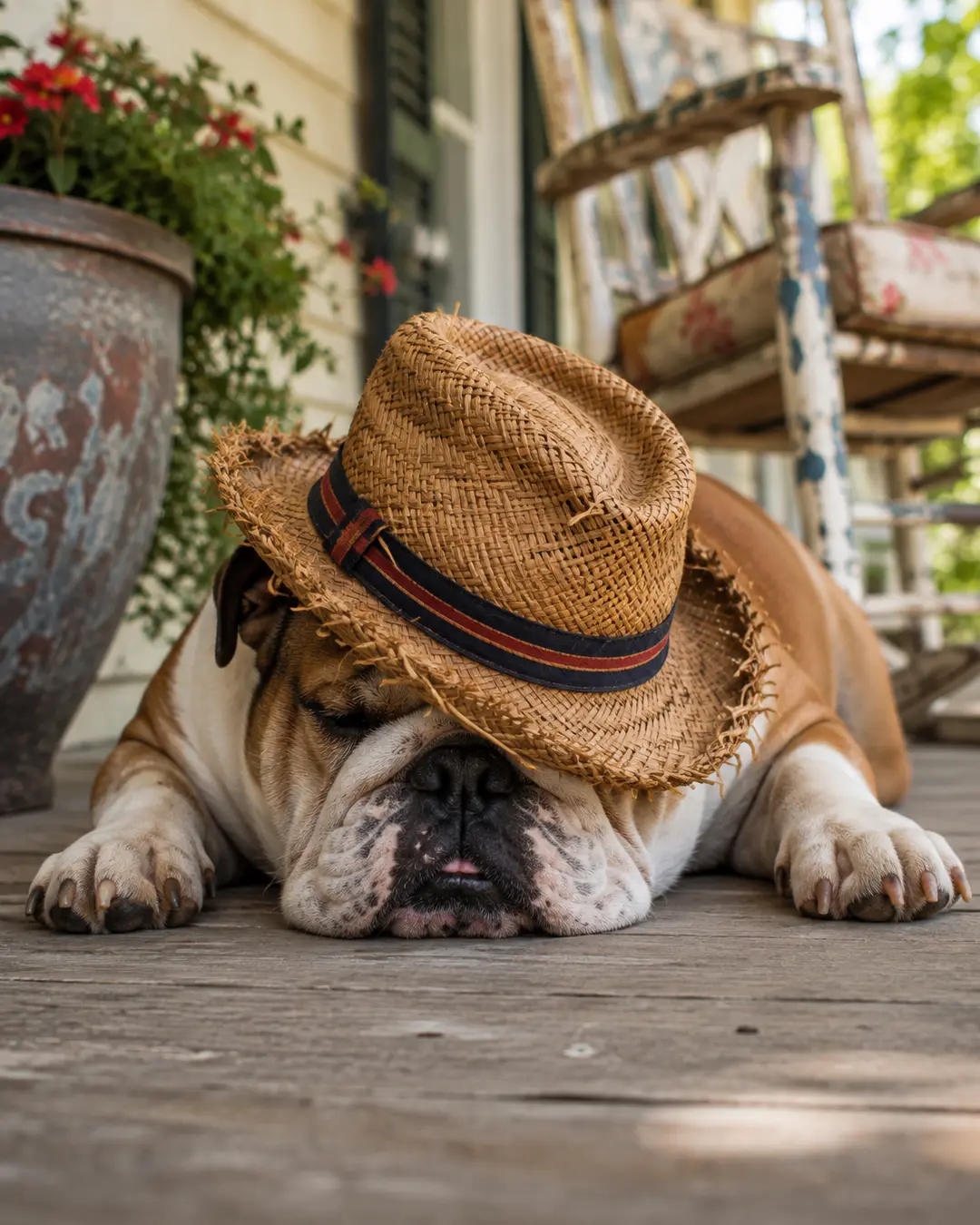 A sleepy Bulldog in a battered straw hat naps on a rustic wooden porch on a warm, lazy afternoon.