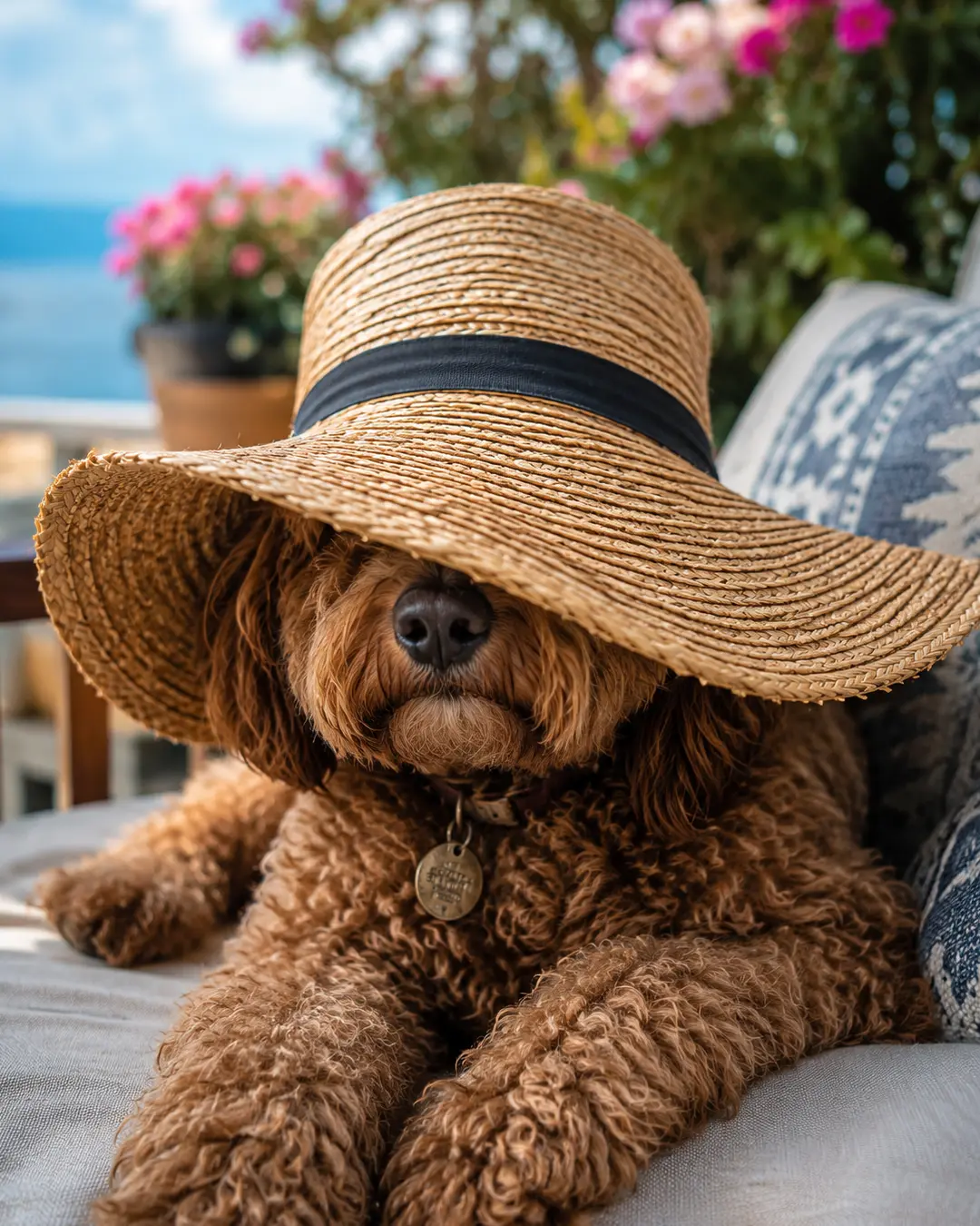 A curly brown dog lounges in an oversized straw sunhat on a sunny seaside terrace surrounded by colorful flowers.