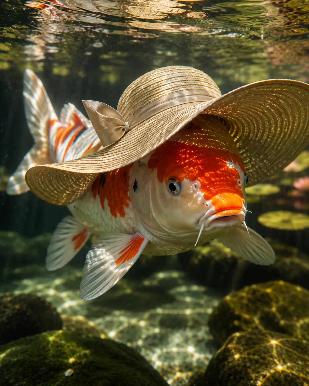 A red-and-white koi fish swims beneath a wide-brimmed straw sun hat, glowing in warm sunlight among mossy rocks.