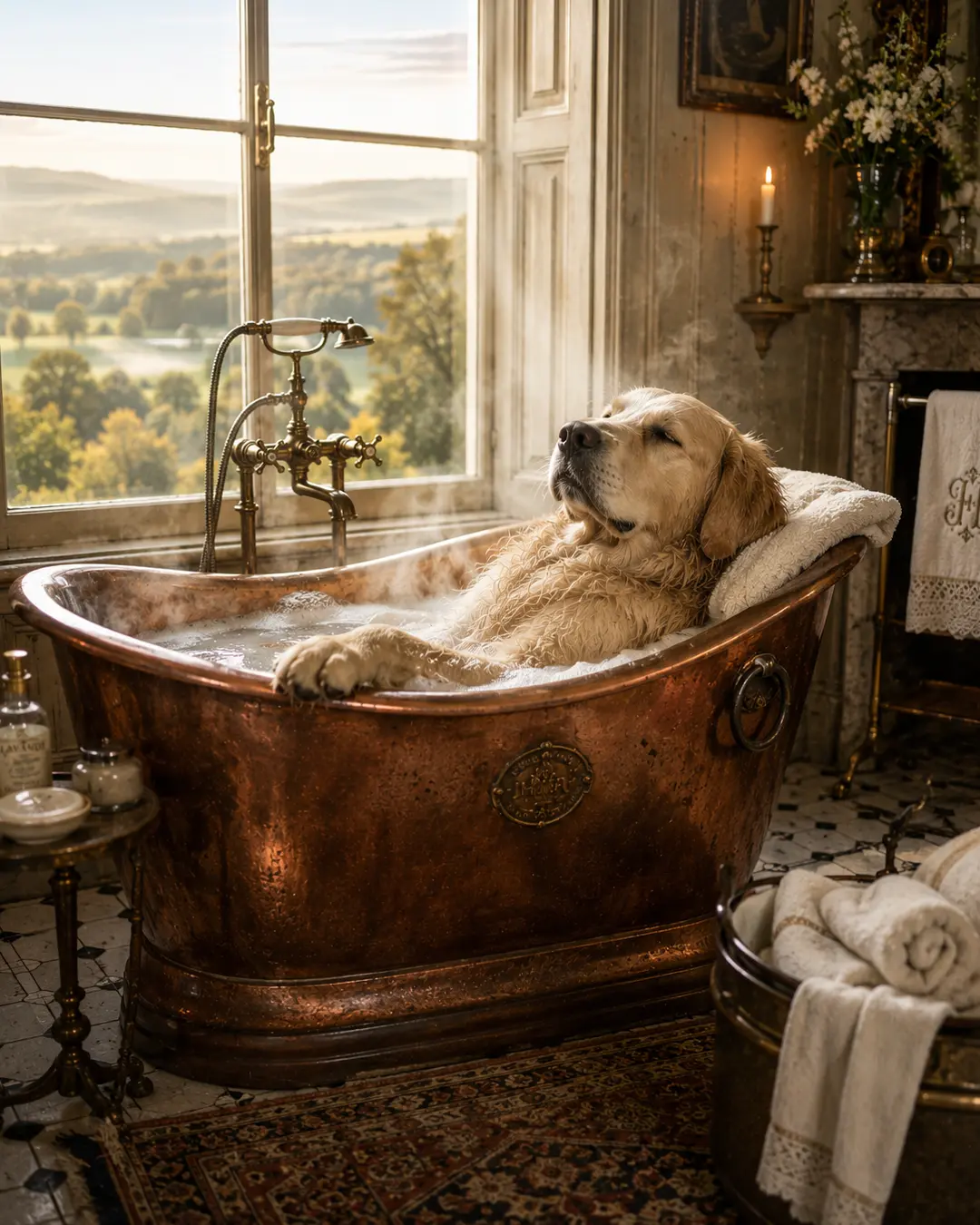 A relaxed golden retriever soaks in a steaming copper bathtub while enjoying a peaceful countryside view from an elegant vintage bathroom.