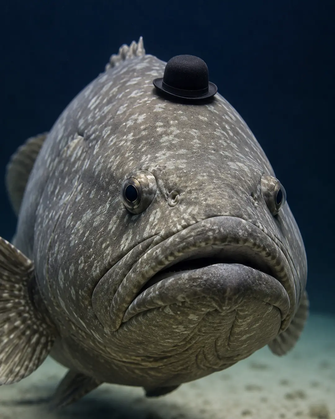 A massive gray grouper stares into the camera underwater while wearing a comically tiny black bowler hat.