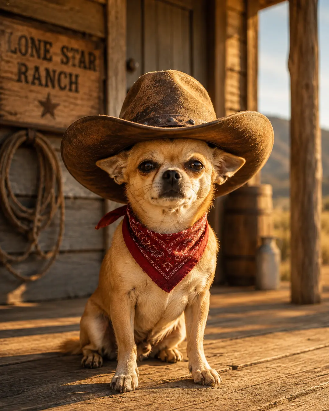A tiny Chihuahua in an oversized cowboy hat and red bandana poses on a rustic ranch porch in warm golden-hour light.