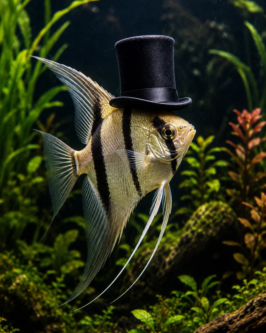 A graceful striped angelfish wears a tall black top hat while swimming through a lush, dark green planted aquarium.