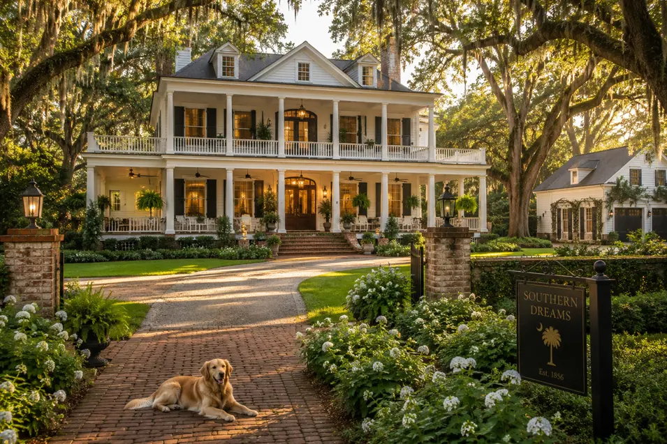 A Golden Retriever rests on the brick driveway of a grand Southern estate framed by lush gardens, majestic oaks, and Spanish moss.