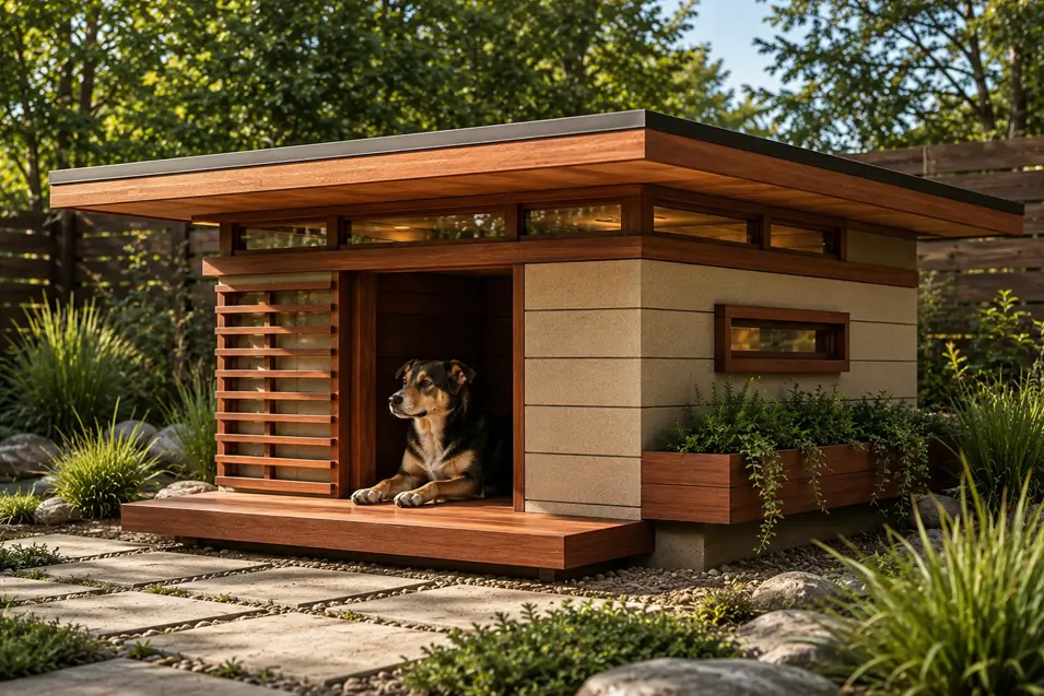 Modern wood-and-stone doghouse with a flat roof, sleek windows, planter box, and shaded porch where a dog relaxes in a landscaped yard.