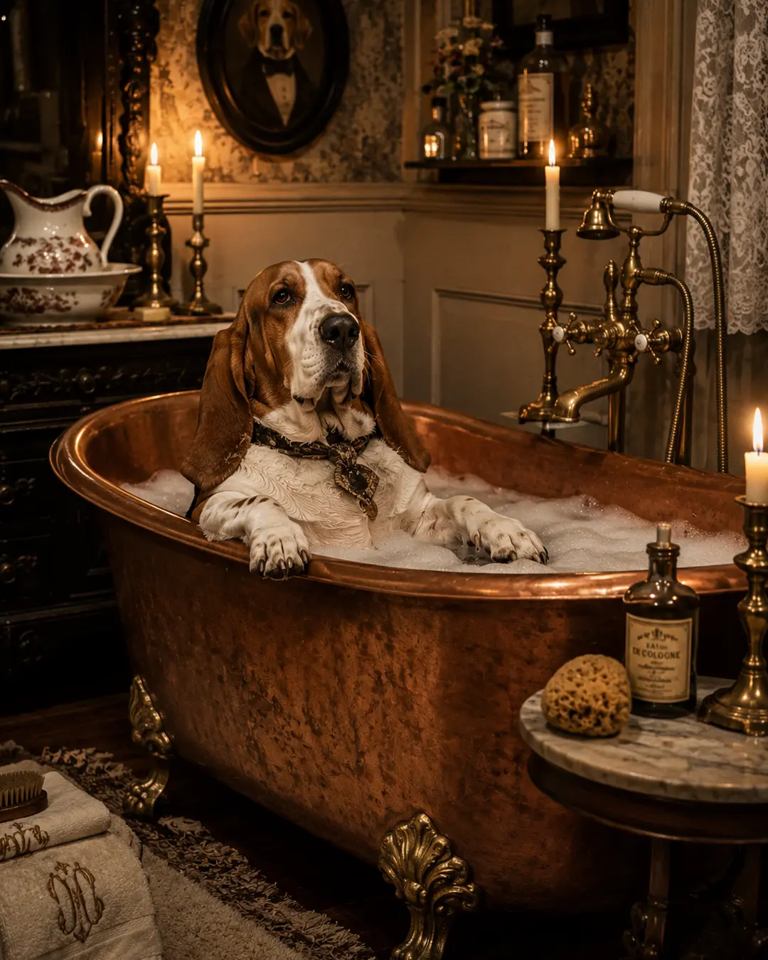 A basset hound luxuriates in a bubbly copper bathtub surrounded by candlelight and elegant Victorian bathroom decor.