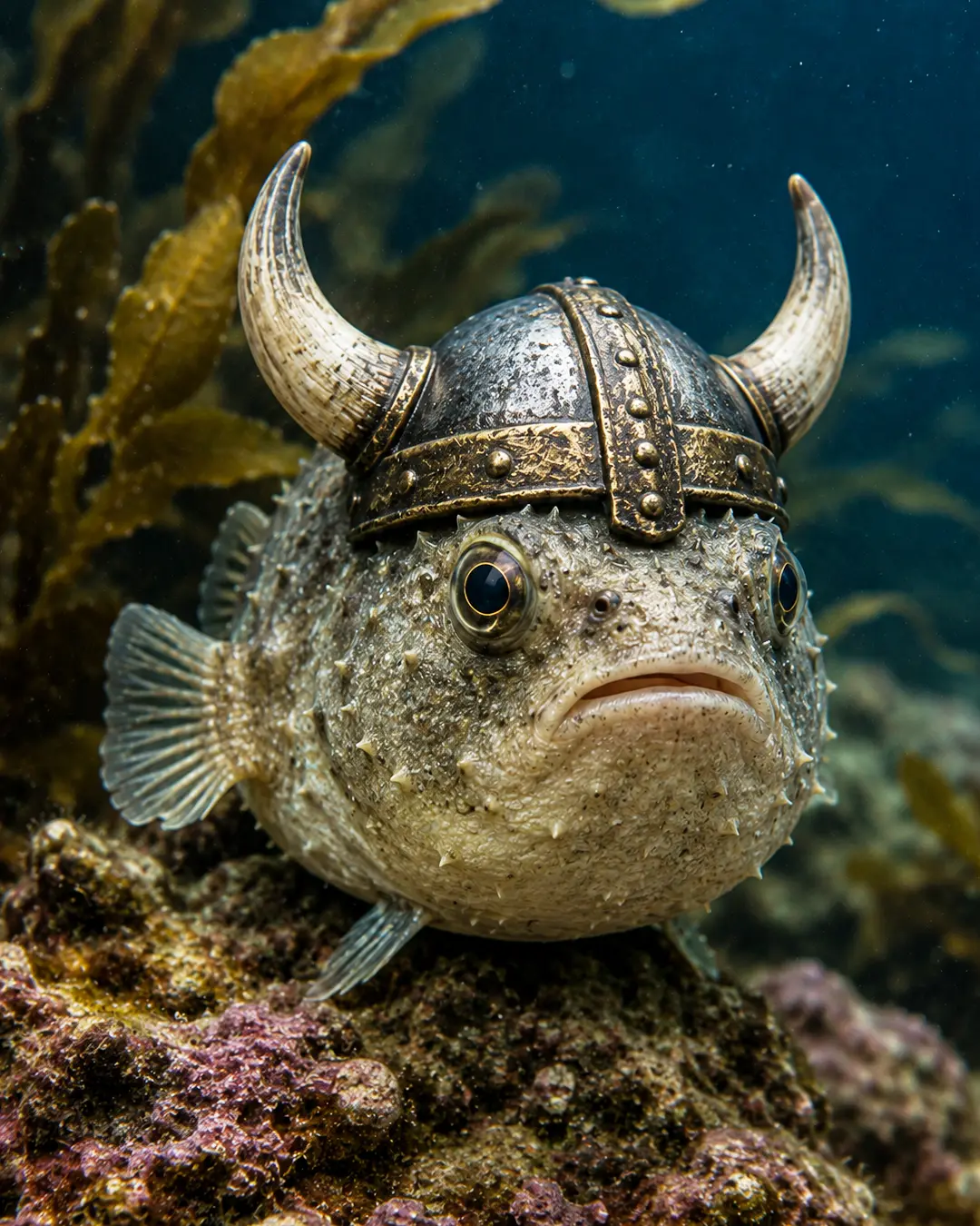 A round, grumpy-looking pufferfish wears a horned Viking helmet while resting among rocks and seaweed underwater.