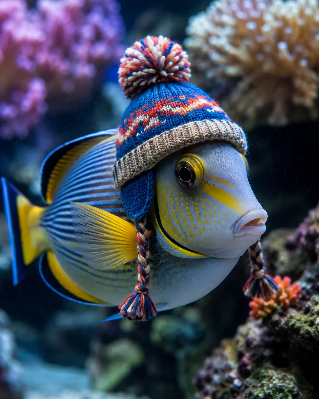 A colorful tropical fish wears a cozy knitted winter hat with earflaps and a pom-pom while swimming among vibrant coral.