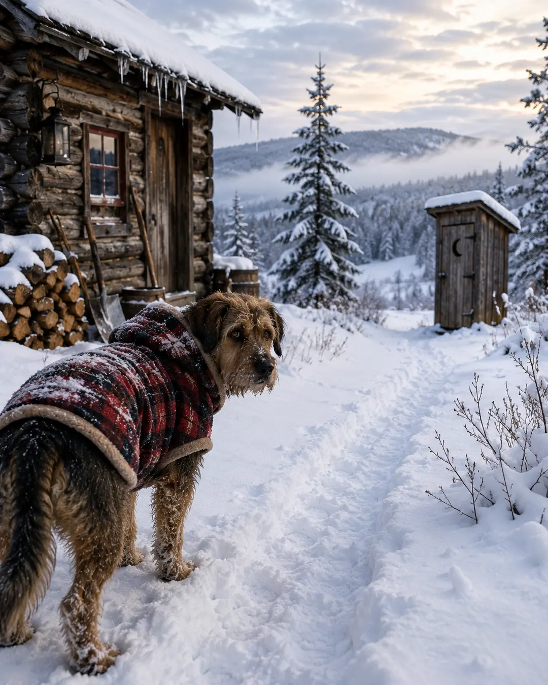 A shaggy dog in a plaid coat treks through deep snow toward a rustic outhouse beside a cozy log cabin in the mountains.