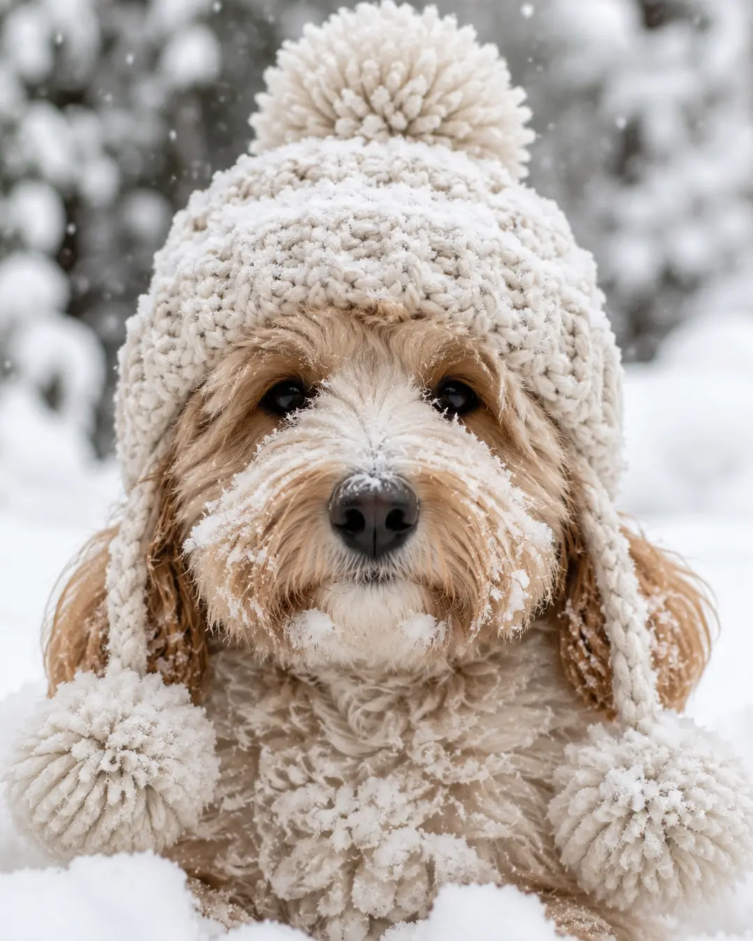 A fluffy dog in a cozy pom-pom winter hat sits covered in fresh snow as flakes fall around it in a snowy woodland.