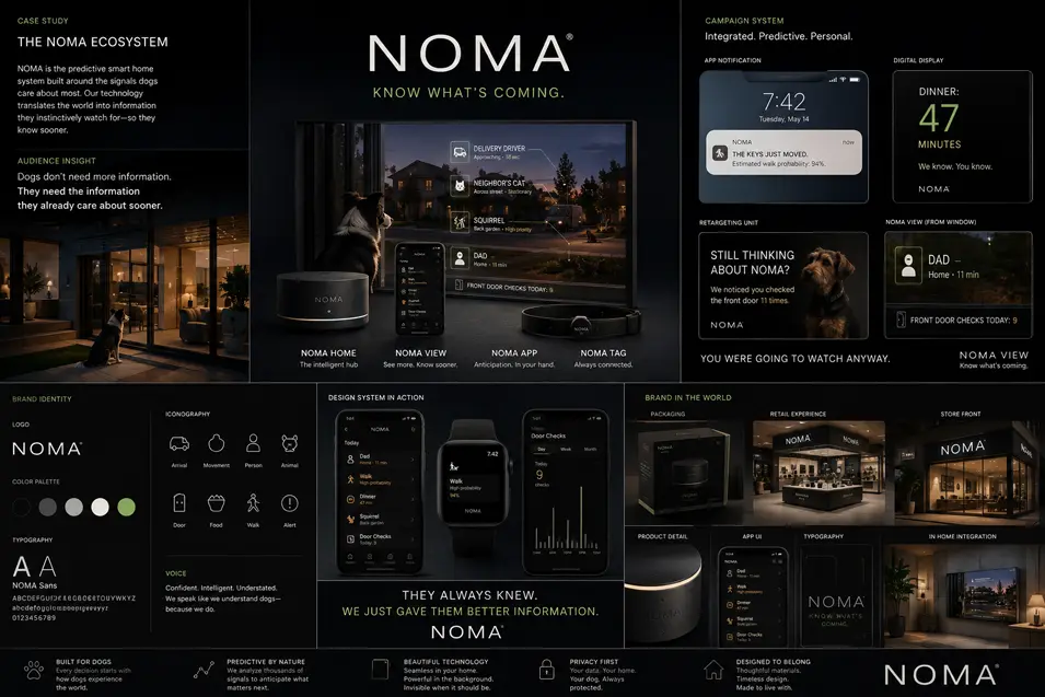 Brand case study presents NOMA’s dog-focused smart home ecosystem across connected devices, predictive alerts, retail, packaging and home integration.