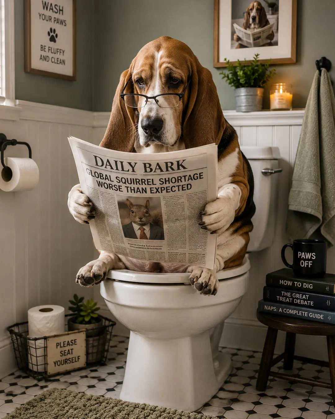 Basset Hound wearing glasses sits on a toilet reading the Daily Bark, looking concerned about a global squirrel shortage.