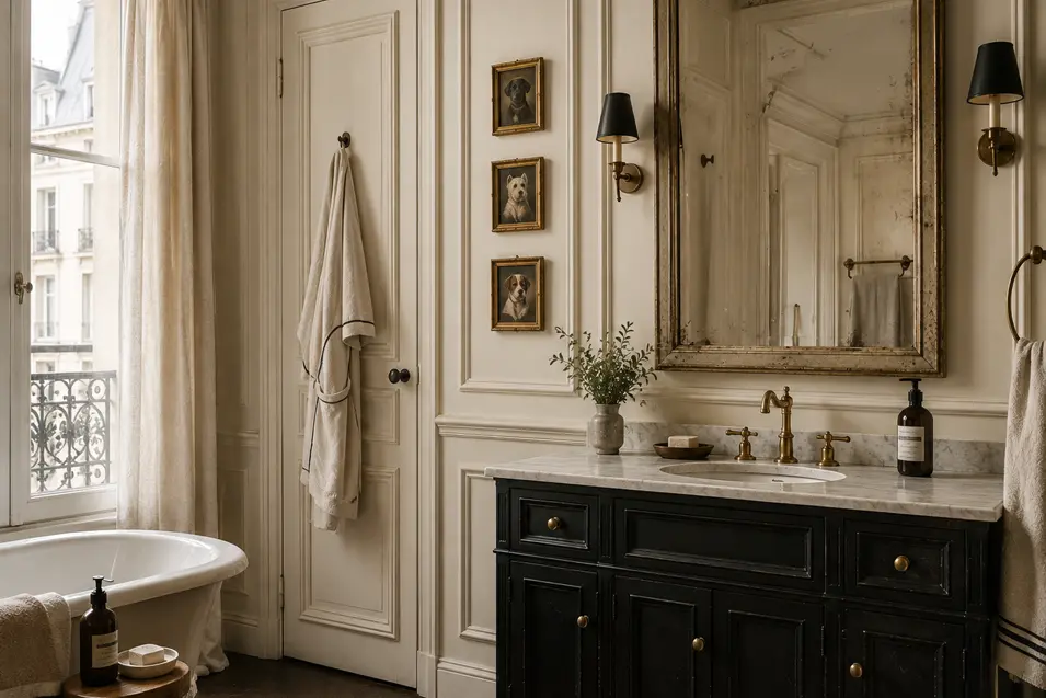 Elegant Parisian-style bathroom with classic paneling, a black vanity, marble, antique brass, and a charming trio of framed dog portraits.