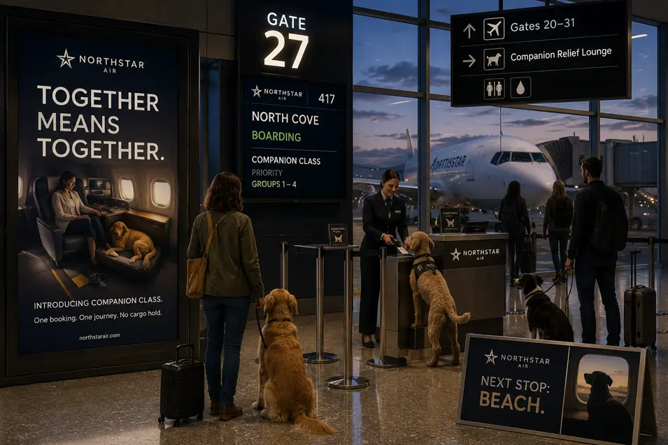 Airline ad introduces pet-friendly “Companion Class,” letting travelers and their dogs fly together with dedicated airport services and priority boarding.