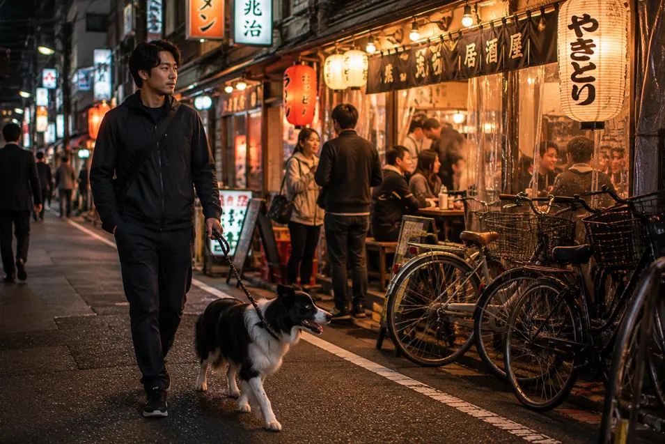 A man walks a black-and-white Border Collie through a lively lantern-lit Japanese nightlife district lined with restaurants.