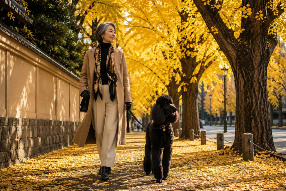 A stylish woman walks a black poodle beneath brilliant golden ginkgo trees on a leaf-covered Japanese street.