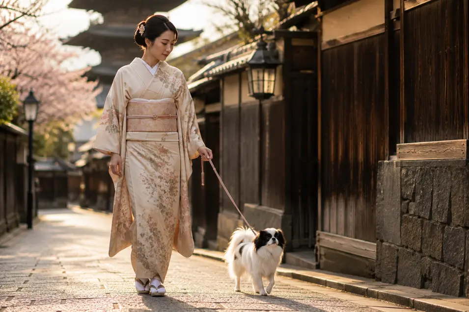 A woman in an elegant floral kimono walks a small black-and-white dog along a traditional Japanese street lined with cherry blossoms.