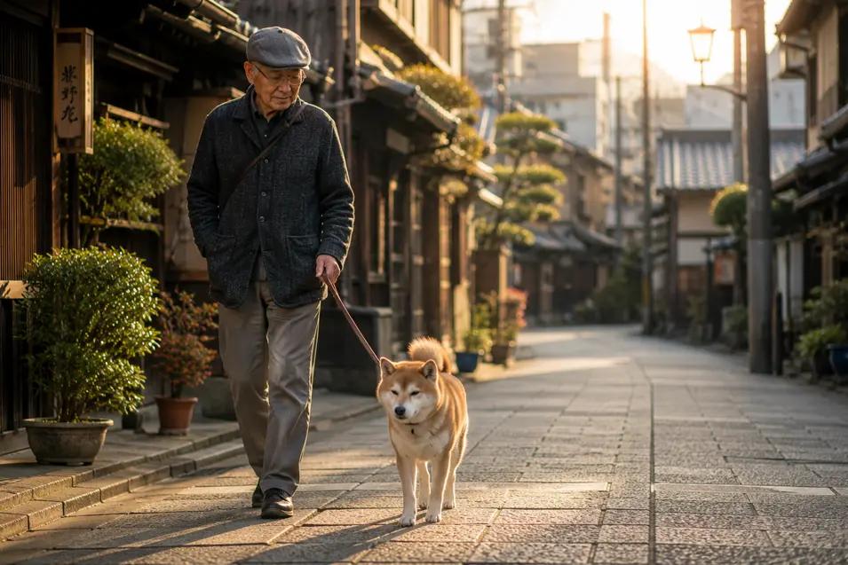 An elderly man walks his Shiba Inu along a quiet traditional Japanese street in the warm golden light of evening.