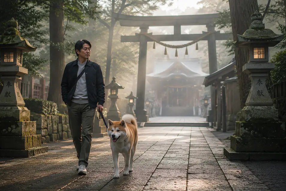 A man walks an Akita beneath a torii gate along a peaceful, misty shrine path in Japan.