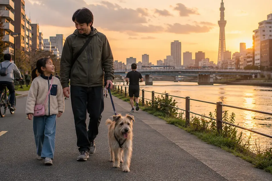 A father and daughter walk their scruffy dog beside a Tokyo river at sunset, with Tokyo Skytree rising in the background.