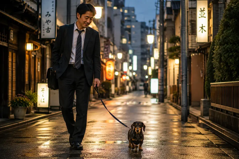 A businessman walks a dachshund along a softly lit Japanese street at dusk, with glowing lanterns reflected on the wet pavement.