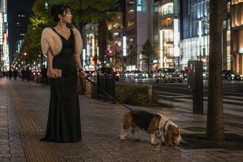An elegantly dressed woman walks a Basset Hound along a glamorous, brightly lit Tokyo avenue at night.