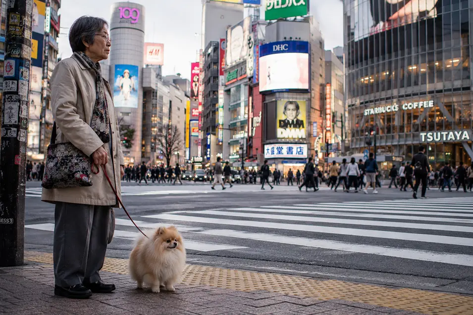 An older woman waits with her fluffy Pomeranian beside Tokyo’s bustling Shibuya Crossing.