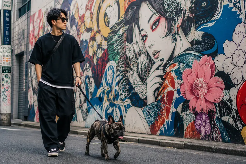 A stylish man in black walks a brindle French Bulldog past a vibrant Japanese street-art mural.