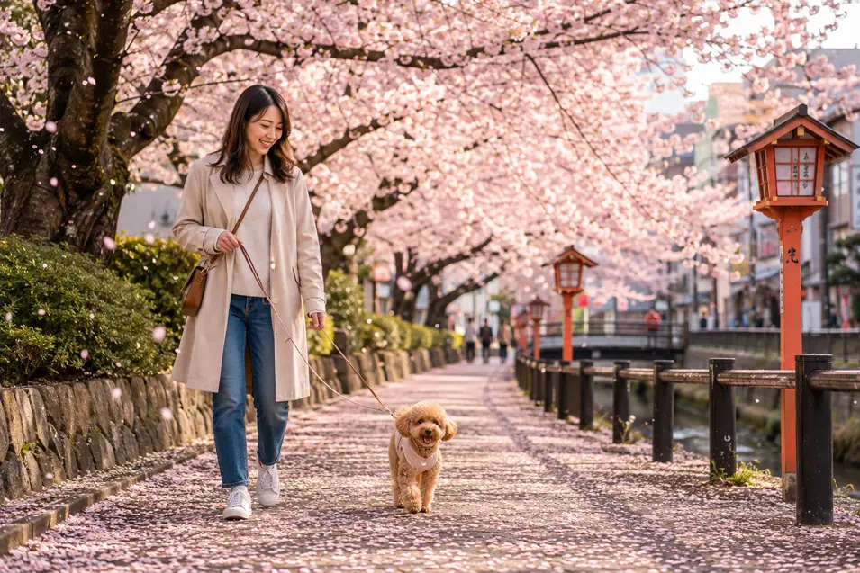 A woman walks her small dog beneath blooming cherry blossoms along a peaceful canal path in Japan.