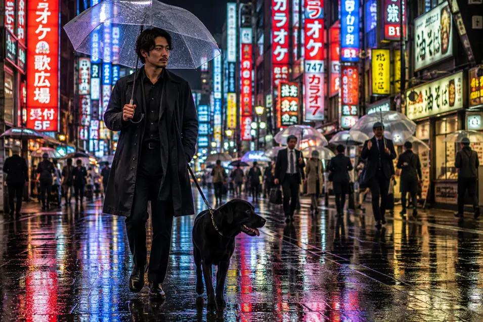 A man walks his black dog under a clear umbrella through a neon-lit Tokyo street on a rainy night.