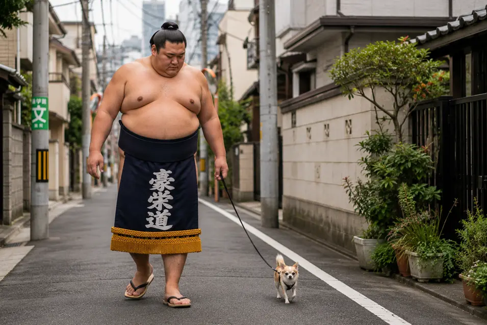 A sumo wrestler walks a tiny Chihuahua on a leash along a quiet residential street in Japan.