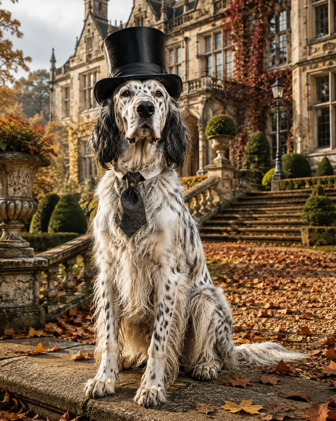 An elegant spotted setter in a top hat and cravat poses outside a grand country manor surrounded by rich autumn foliage.