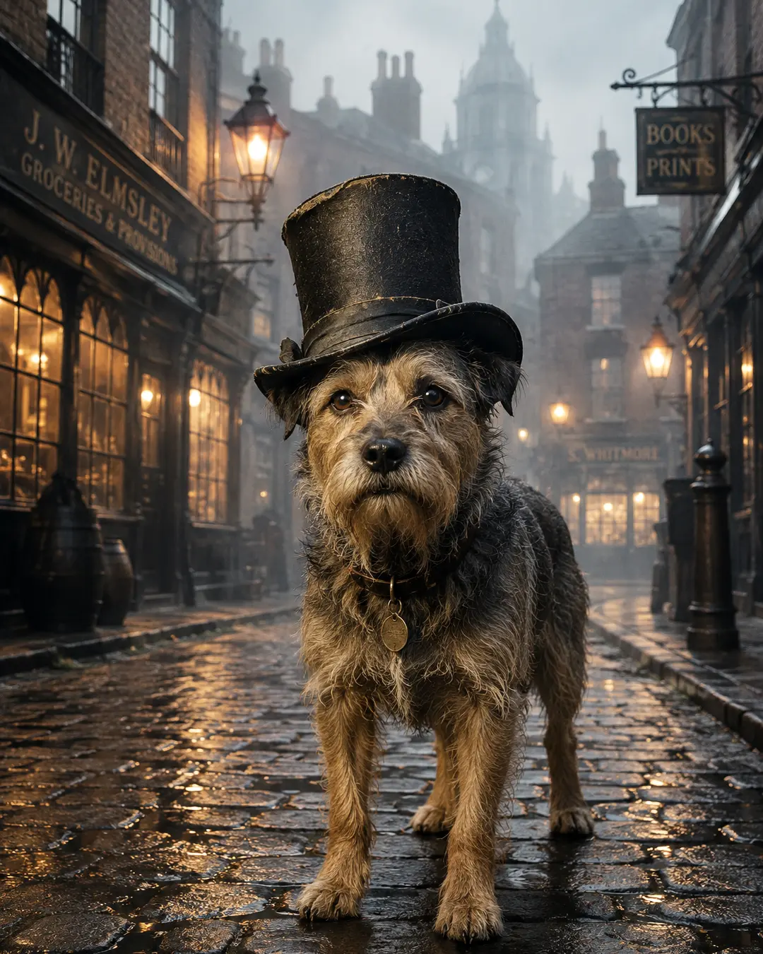 A scruffy terrier in a battered top hat stands on a rain-slicked Victorian street, surrounded by glowing gas lamps and misty old shops.
