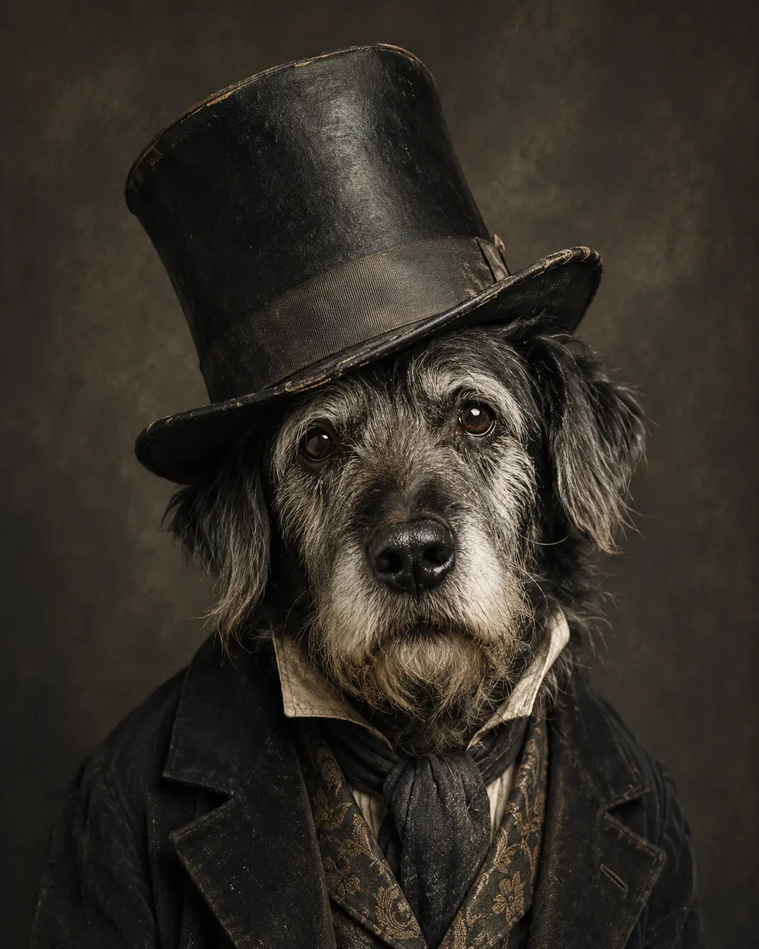 A scruffy black-and-gray dog poses in a worn top hat and vintage suit, creating a charming Victorian-style portrait.