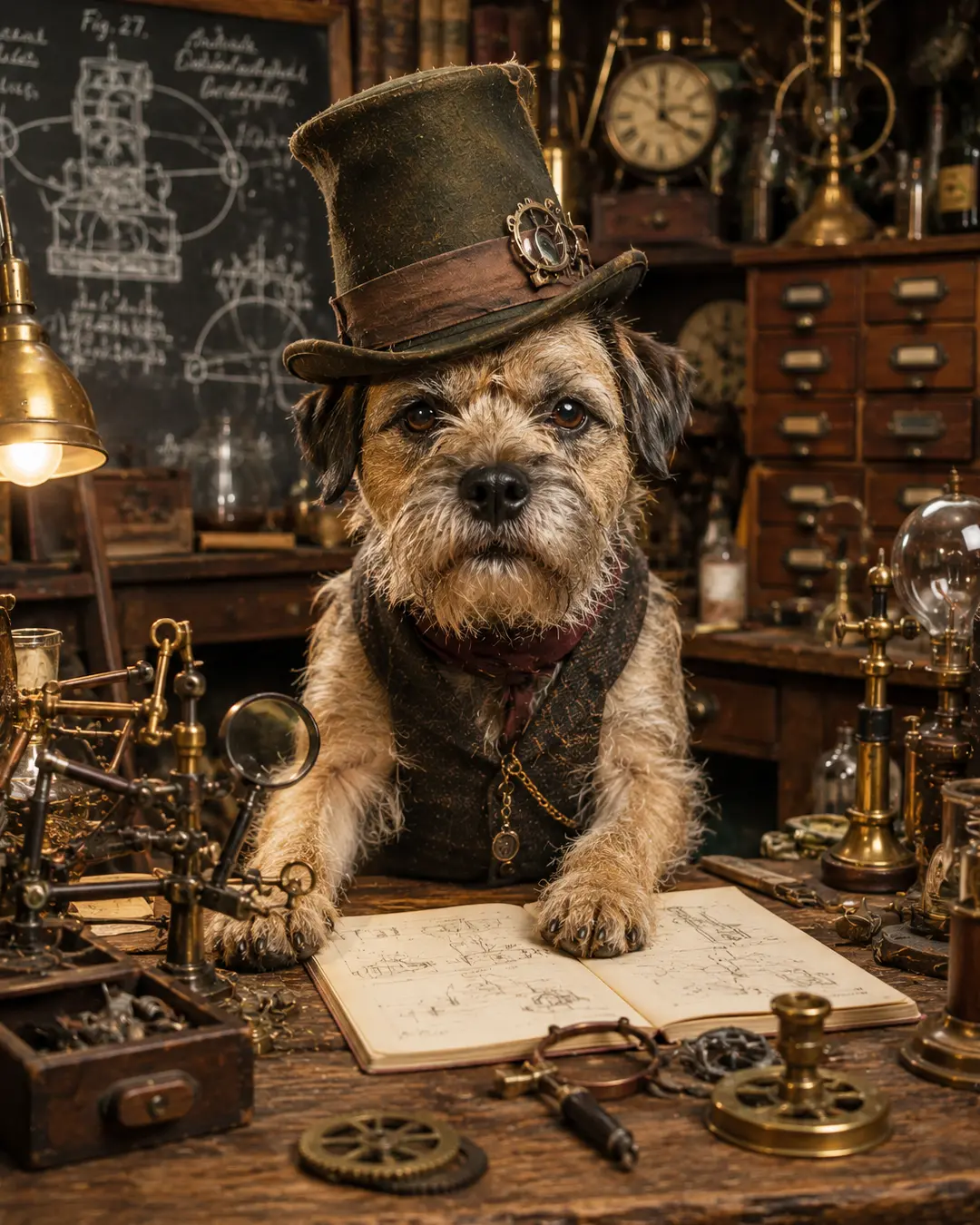 A scruffy terrier in a steampunk top hat works at a cluttered inventor’s bench surrounded by brass machinery, sketches and antique instruments.