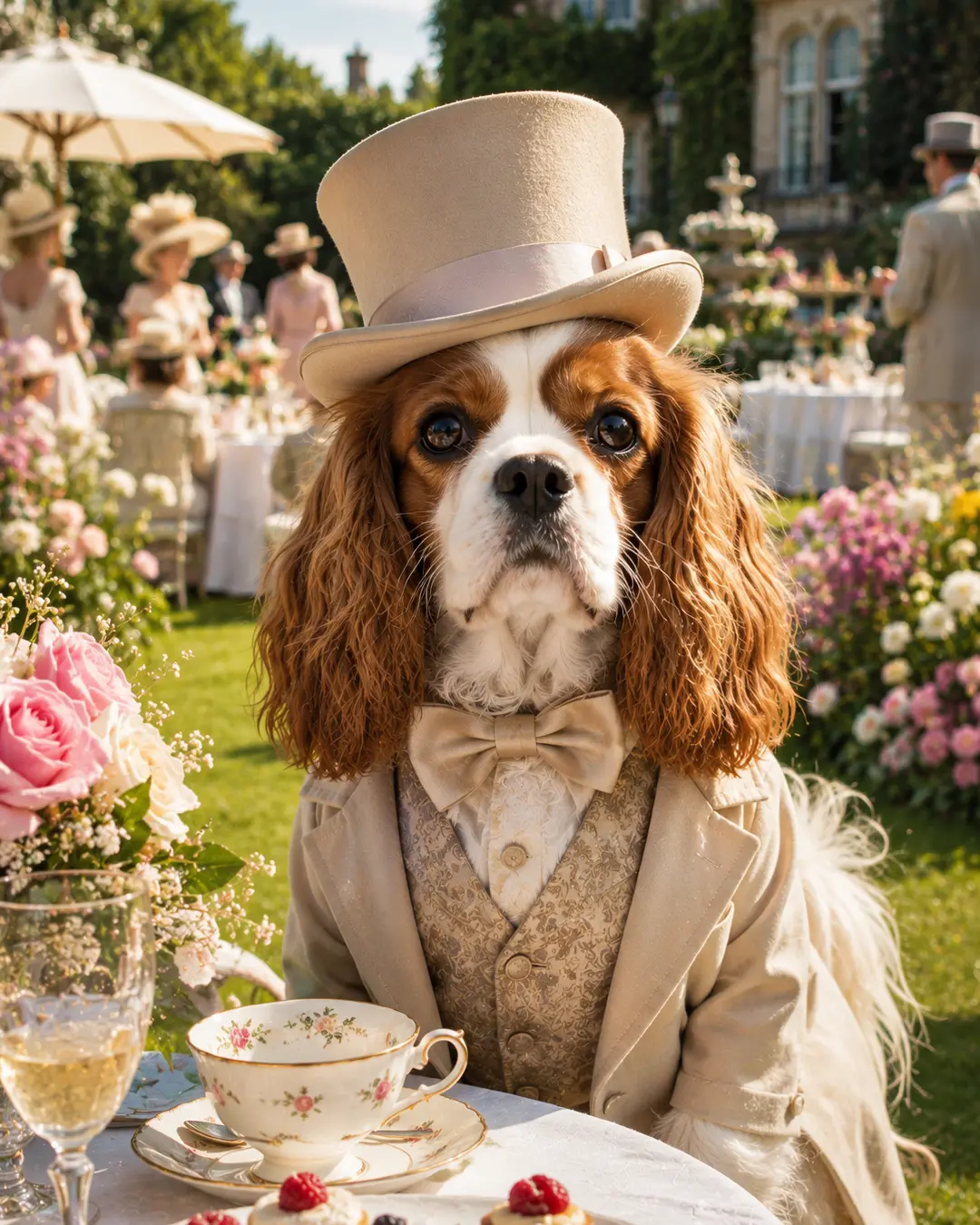A Cavalier King Charles Spaniel in a cream top hat and formal suit enjoys an elegant garden tea party surrounded by flowers and guests.